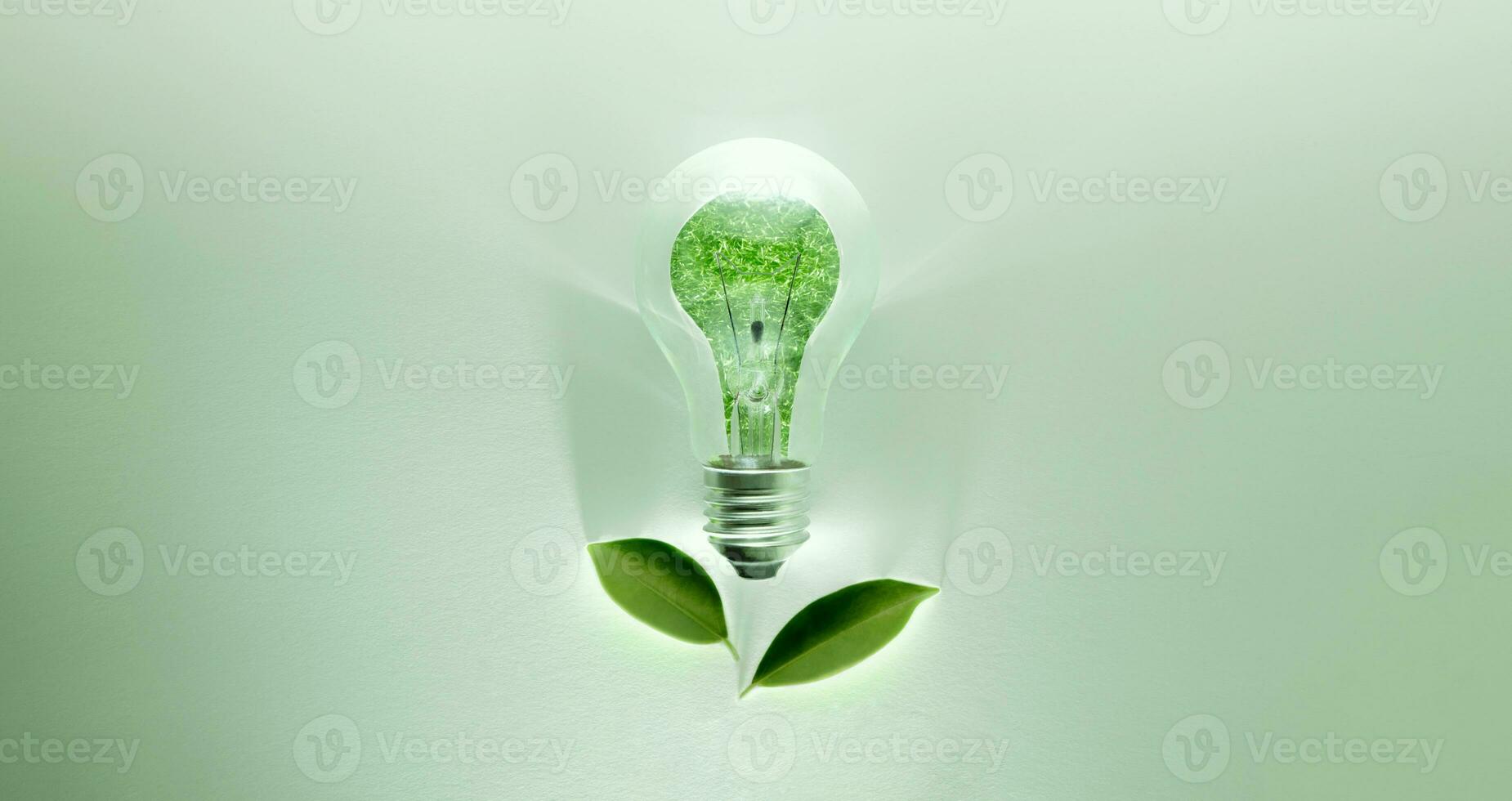 grön energi begrepp. trådlös ljus Glödlampa med grön blad som tecken av ljus på. kol neutral och utsläpp t.ex för rena energi. hållbar Resurser, förnybar och miljö- vård foto