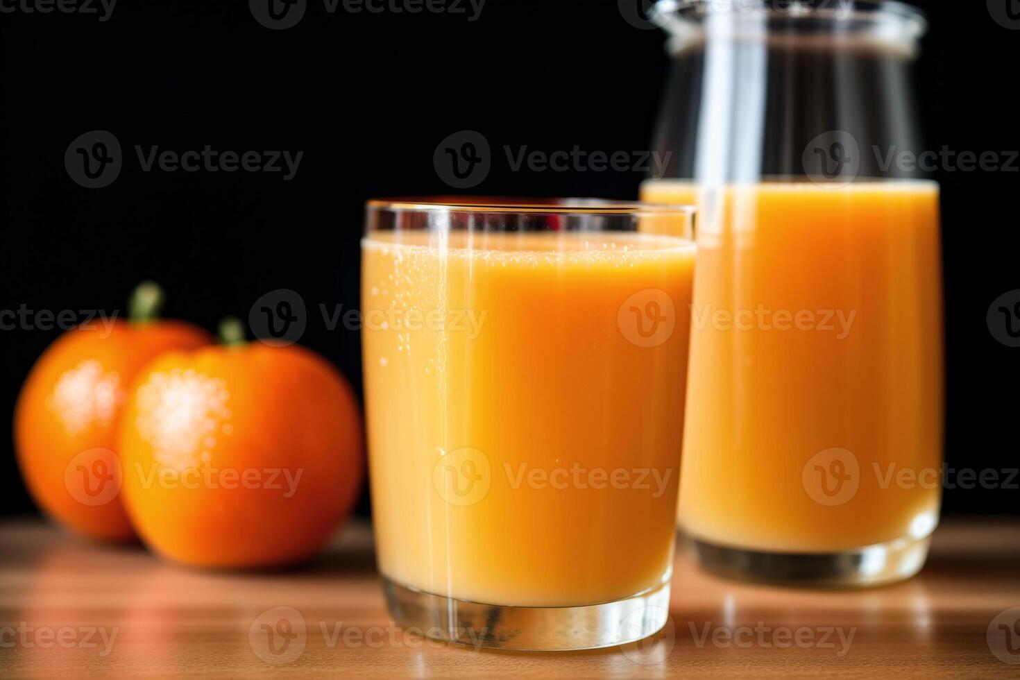 nyligen pressas orange juice i en glas på trä- tabell, närbild. friska mat begrepp. generativ ai foto