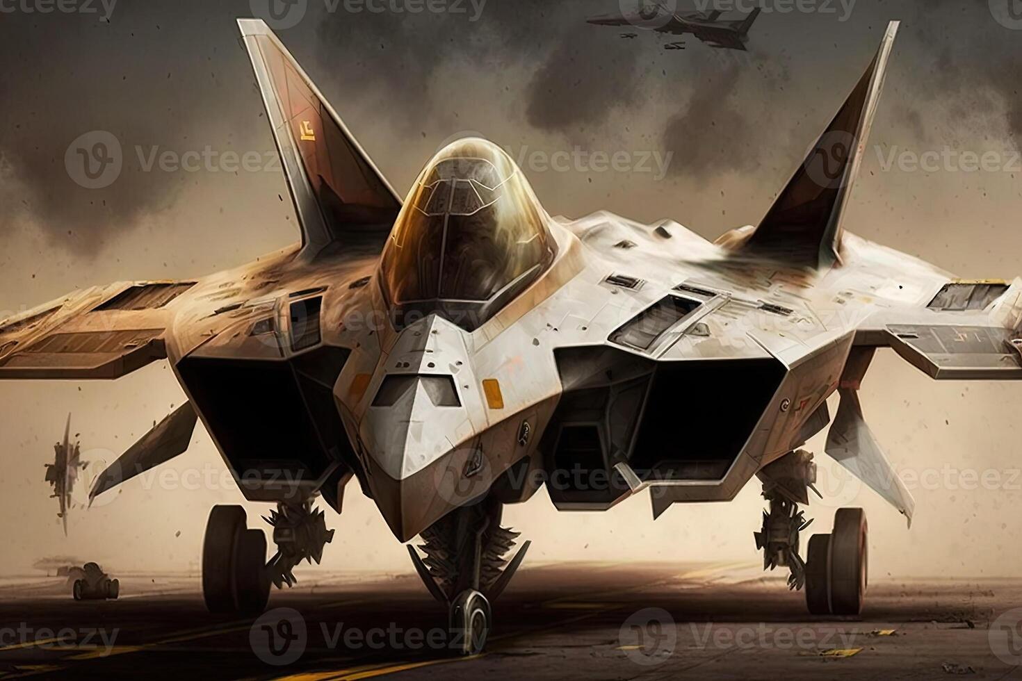 f-22 raptor i flyg med ånga moln. illustration av kämpe jet generativ ai foto