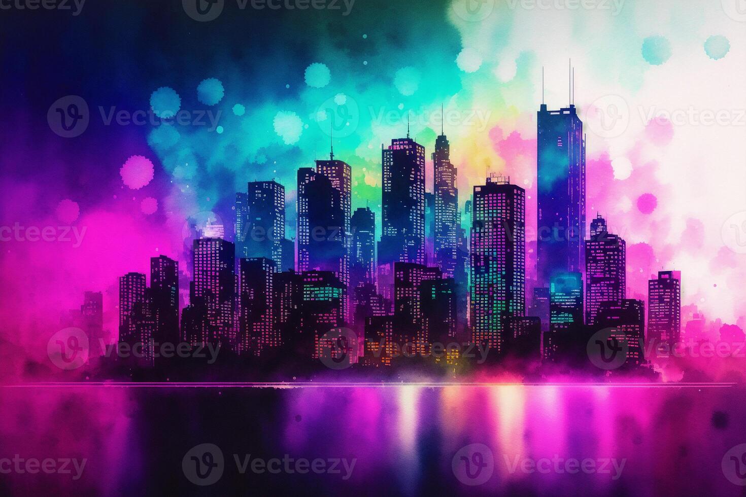abstrakt färgrik vattenfärg bakgrund med skyskrapor. skön silhuett av de stad. digital konst, generativ ai foto