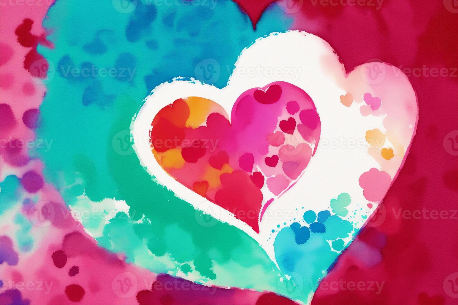 hjärtans dag vykort. vattenfärg hjärtan på de vattenfärg bakgrund. hjärtans dag. vattenfärg måla. digital konst, generativ ai foto