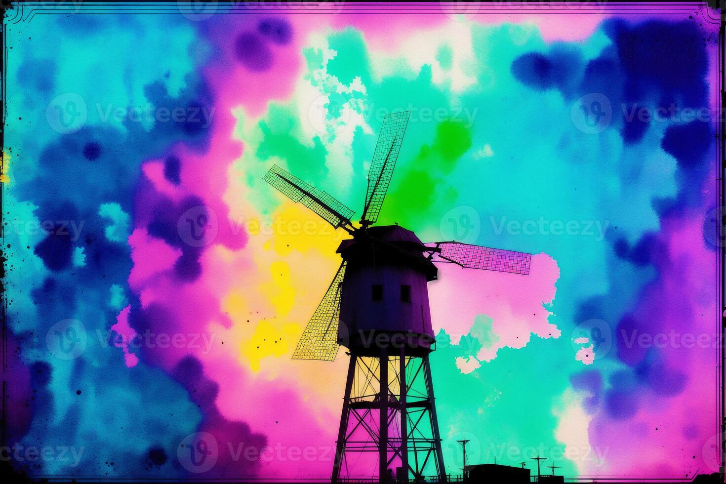 gammal väderkvarn på färgrik vattenfärg bakgrund. vattenfärg måla. digital konst, generativ ai foto