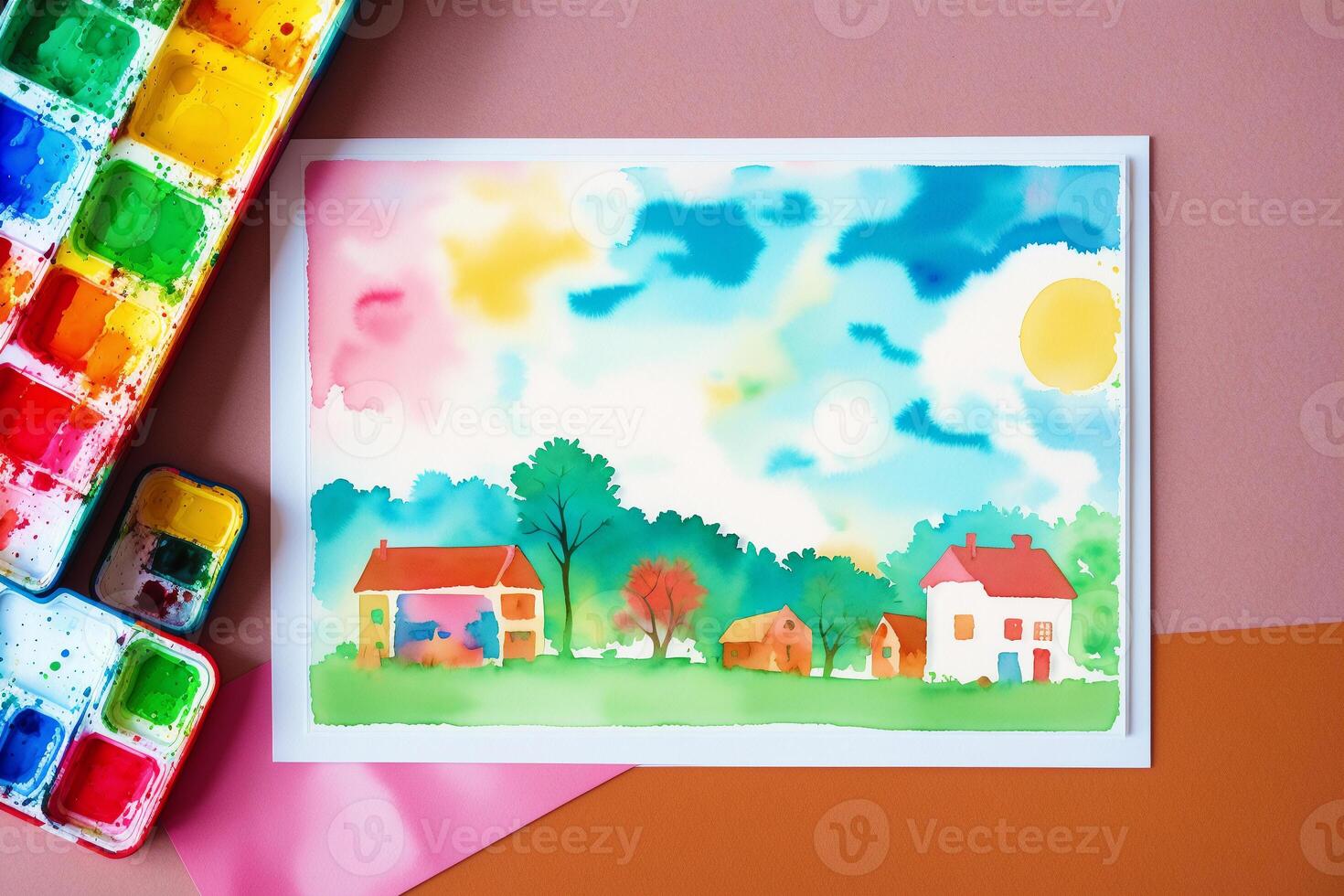 barns dag vykort. barns dag bakgrund. vattenfärg måla. digital konst, generativ ai foto