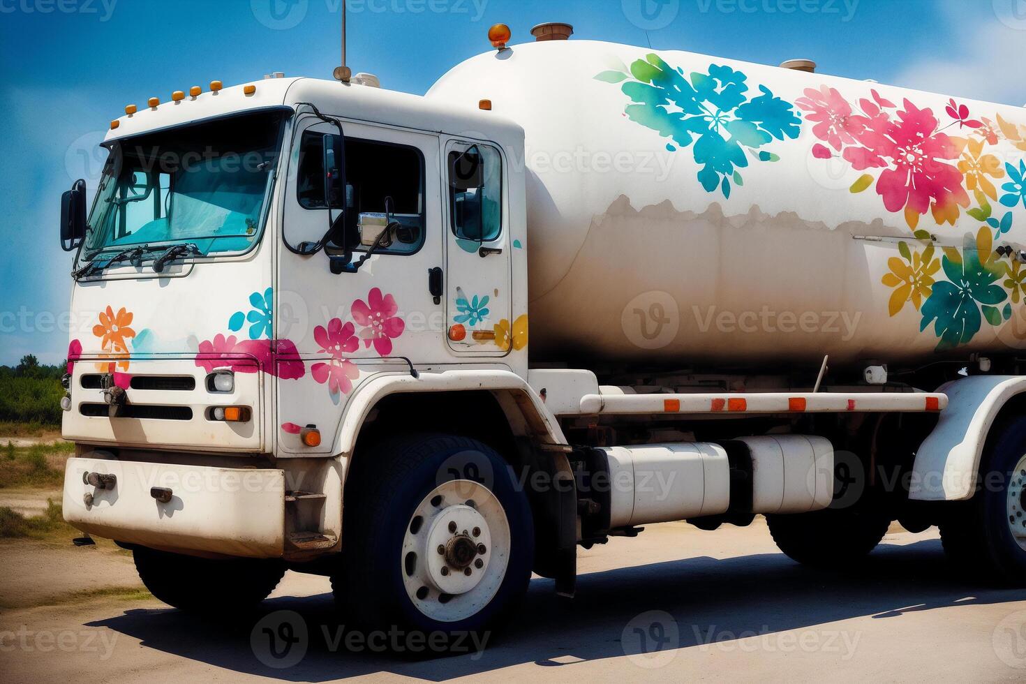 en färgrik lastbil. en färgrik målning av en lastbil med en regnbåge. färgad trailer. vattenfärg måla. digital konst, generativ ai foto