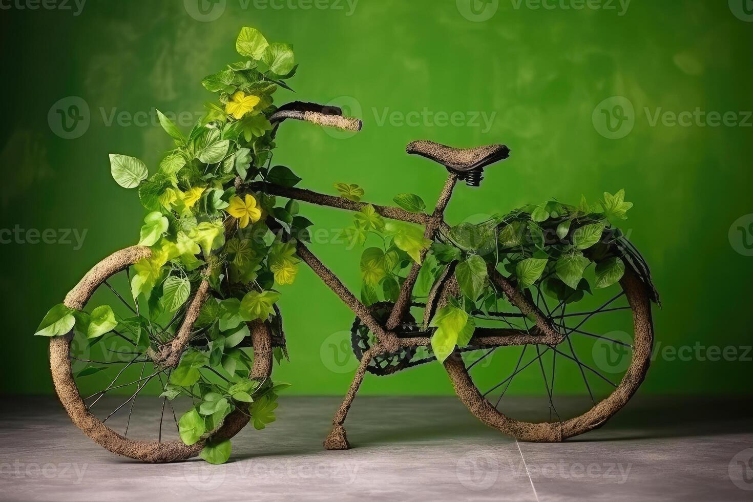 cykel tillverkad av naturlig grön växter. eco vänlig transport. generativ ai foto