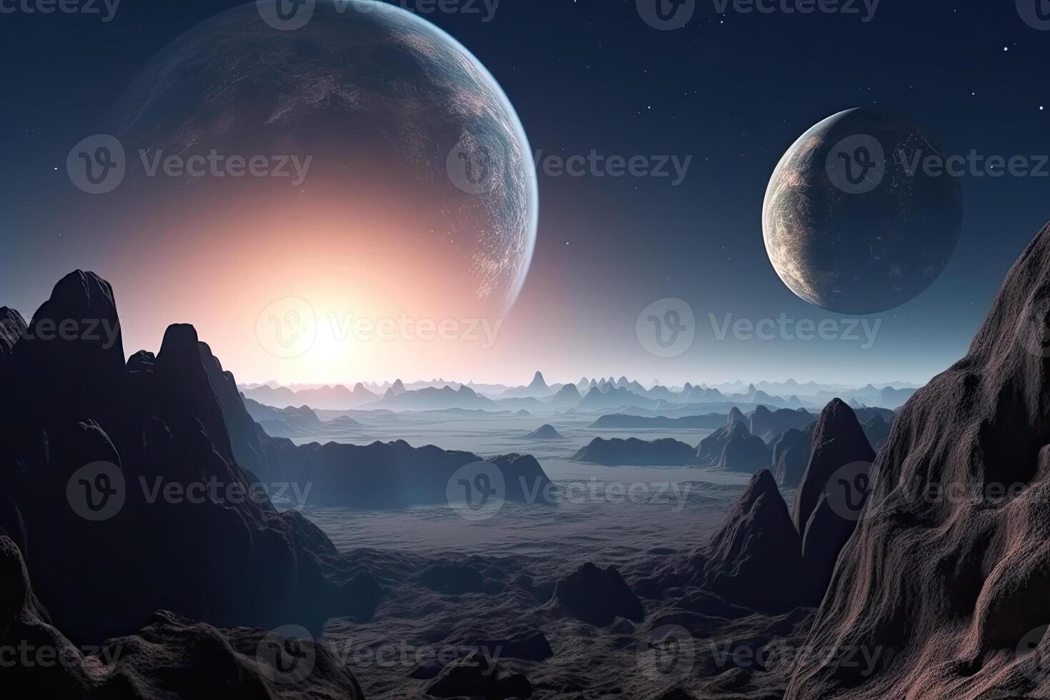yta av okänd planet med kratrar och berg. generativ ai foto