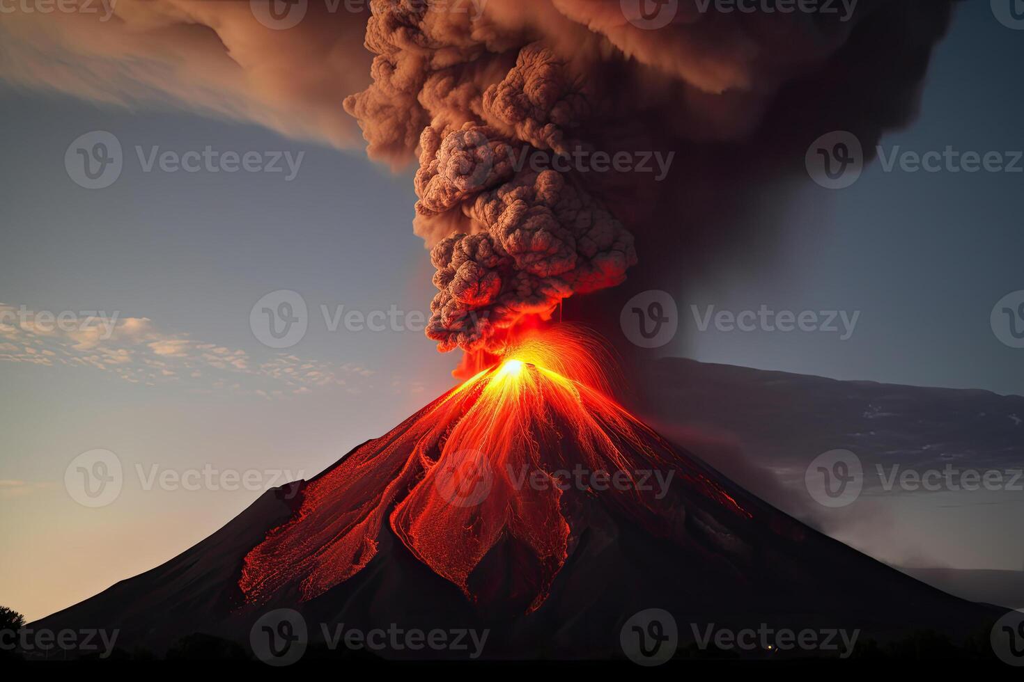 vulkan utbrott. lava flöden ut av de vulkan krater. generativ ai foto