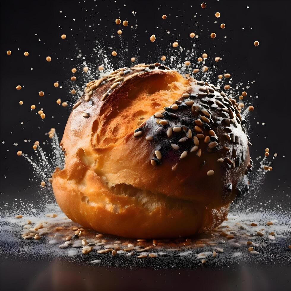 nyligen bakad croissant stänkte med mjöl på en svart bakgrund, ai generativ bild foto