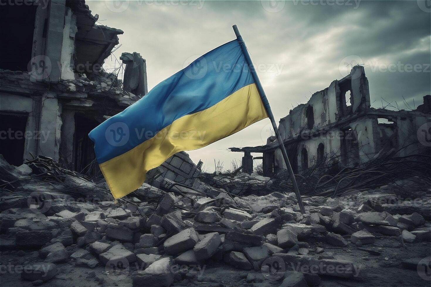 ukrainska flagga på befriad ruiner av stad. krig i Ukraina, seger begrepp. generativ ai. foto