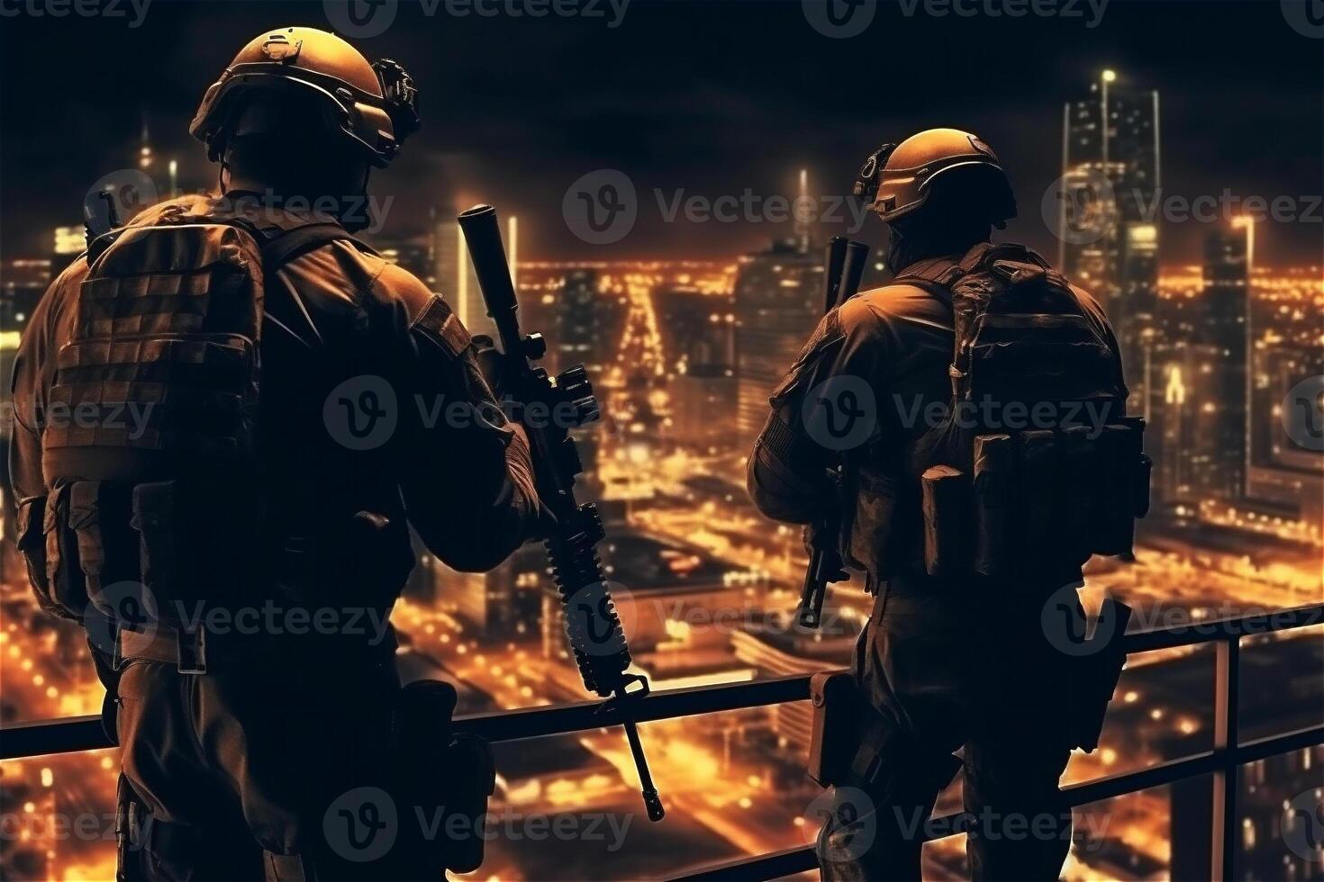 två soldater på tak av natt stor stad. särskild krafter. generativ ai. foto