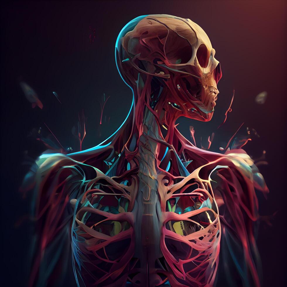 mänsklig kropp anatomi med markerad skelett på mörk bakgrund. 3d tolkning, ai generativ bild foto