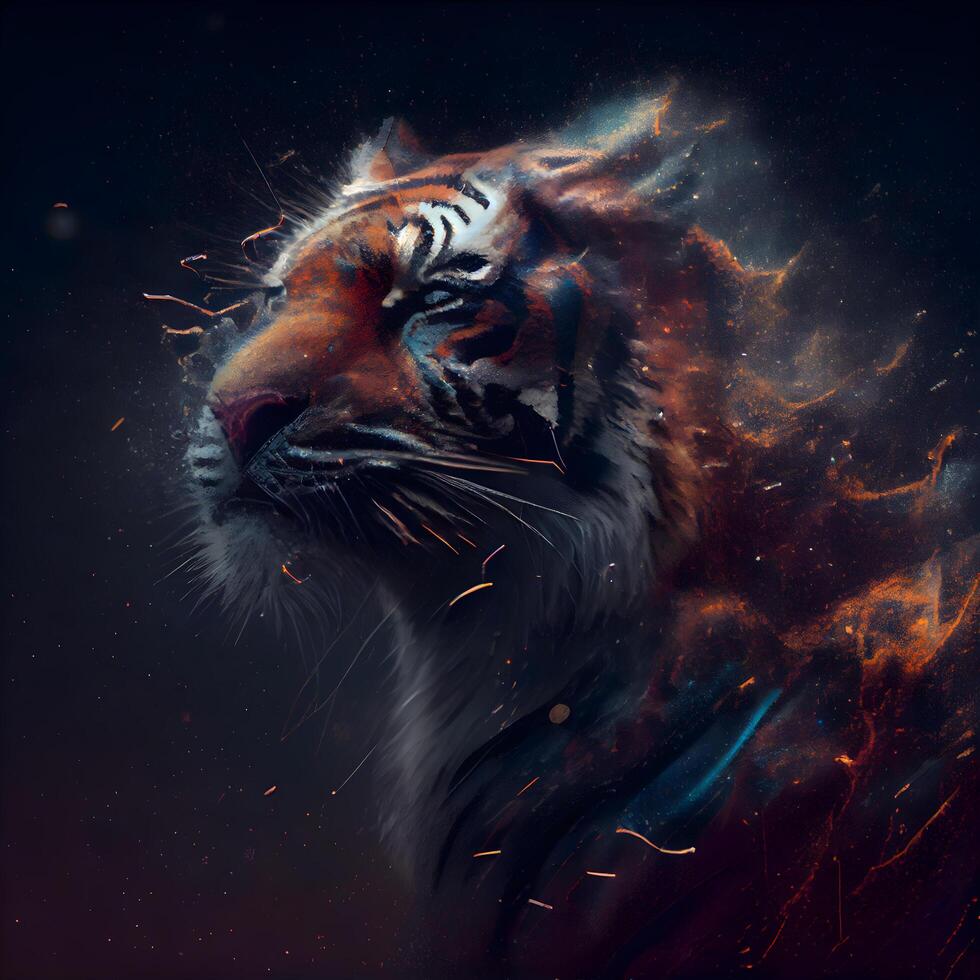 sibirisk tiger med brand och rök på svart bakgrund. 3d illustration, ai generativ bild foto