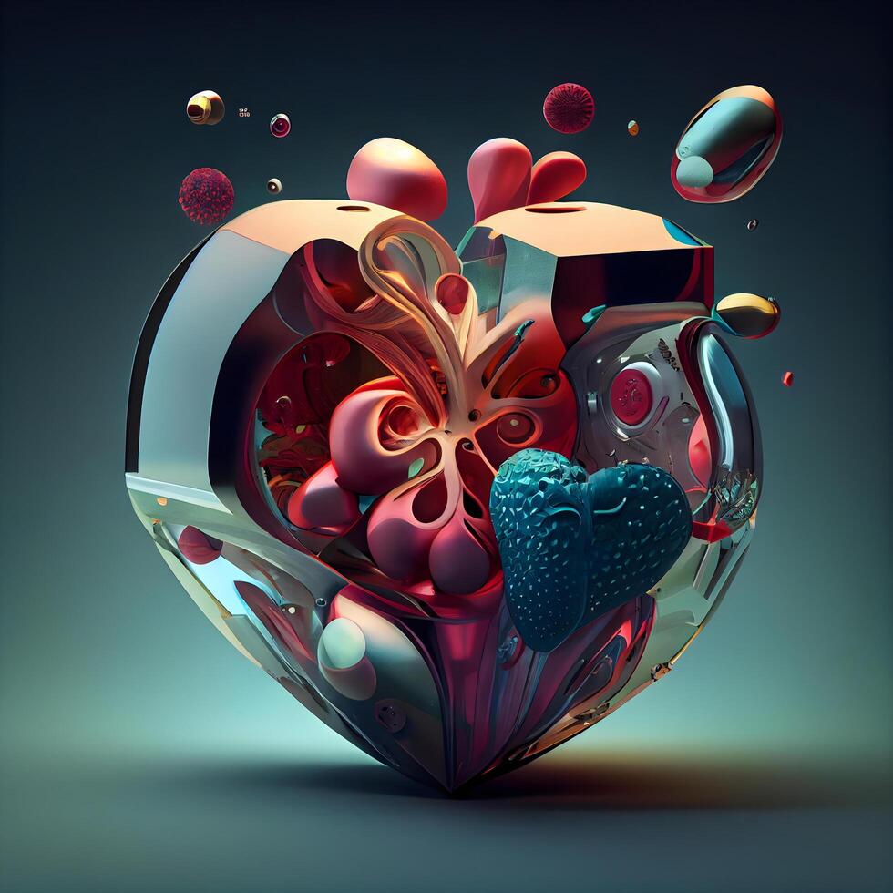 3d illustration av en hjärta i en glas vas på en mörk bakgrund, ai generativ bild foto