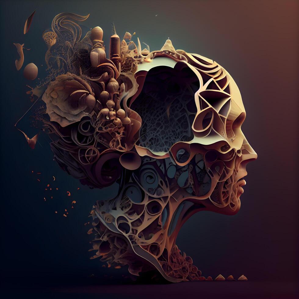 mänsklig huvud tillverkad av abstrakt element. 3d tolkning. dator digital teckning., ai generativ bild foto