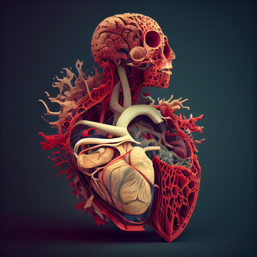 mänsklig hjärta med cirkulations- systemet och lungor på mörk bakgrund. 3d illustration, ai generativ bild foto