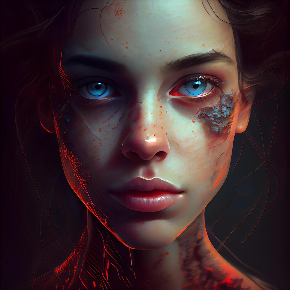 fantasi porträtt av en skön flicka med blå ögon och blod på henne ansikte., ai generativ bild foto