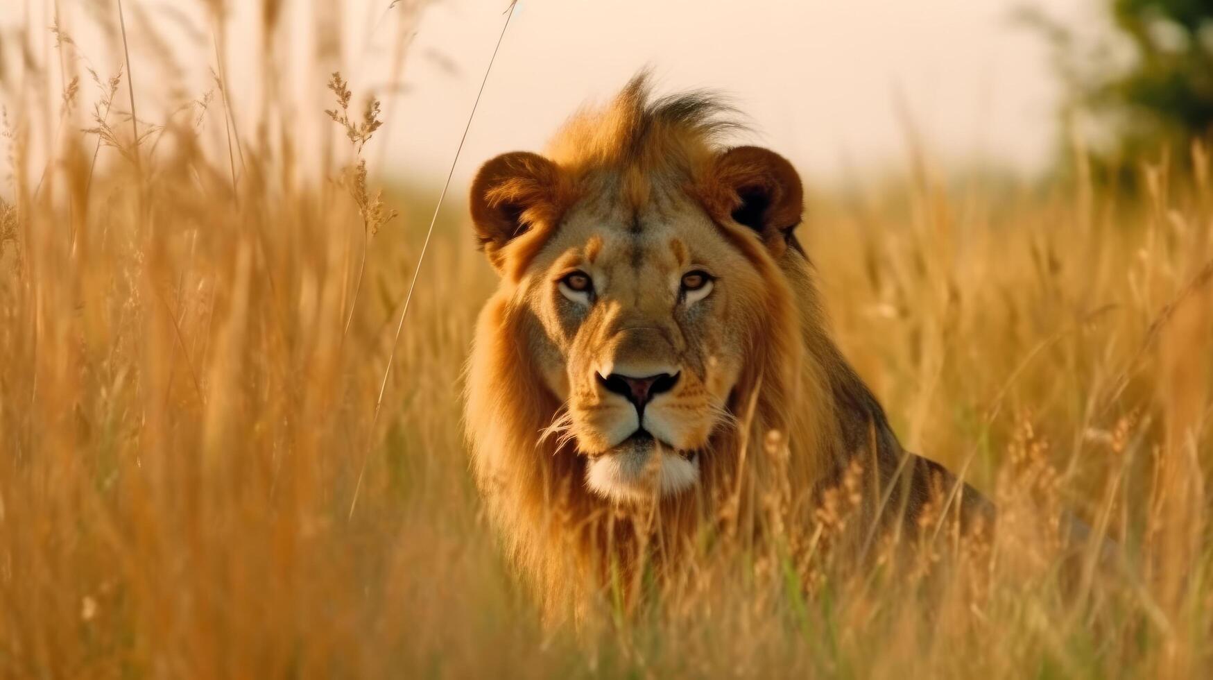lejon i hög gräs. illustration ai generativ foto
