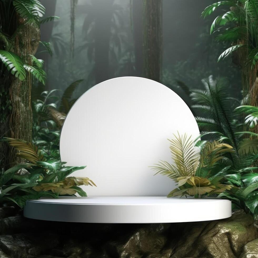 vit tömma podium i djungel skog. illustration ai generativ foto