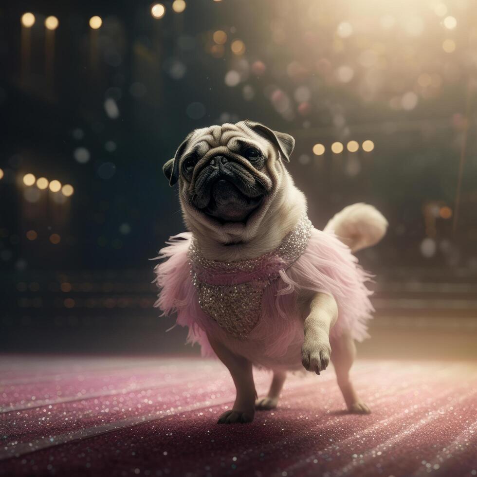 mops dod i en ljus rosa balett kjol är dans tycka om en ballerina, illustration ai generativ foto