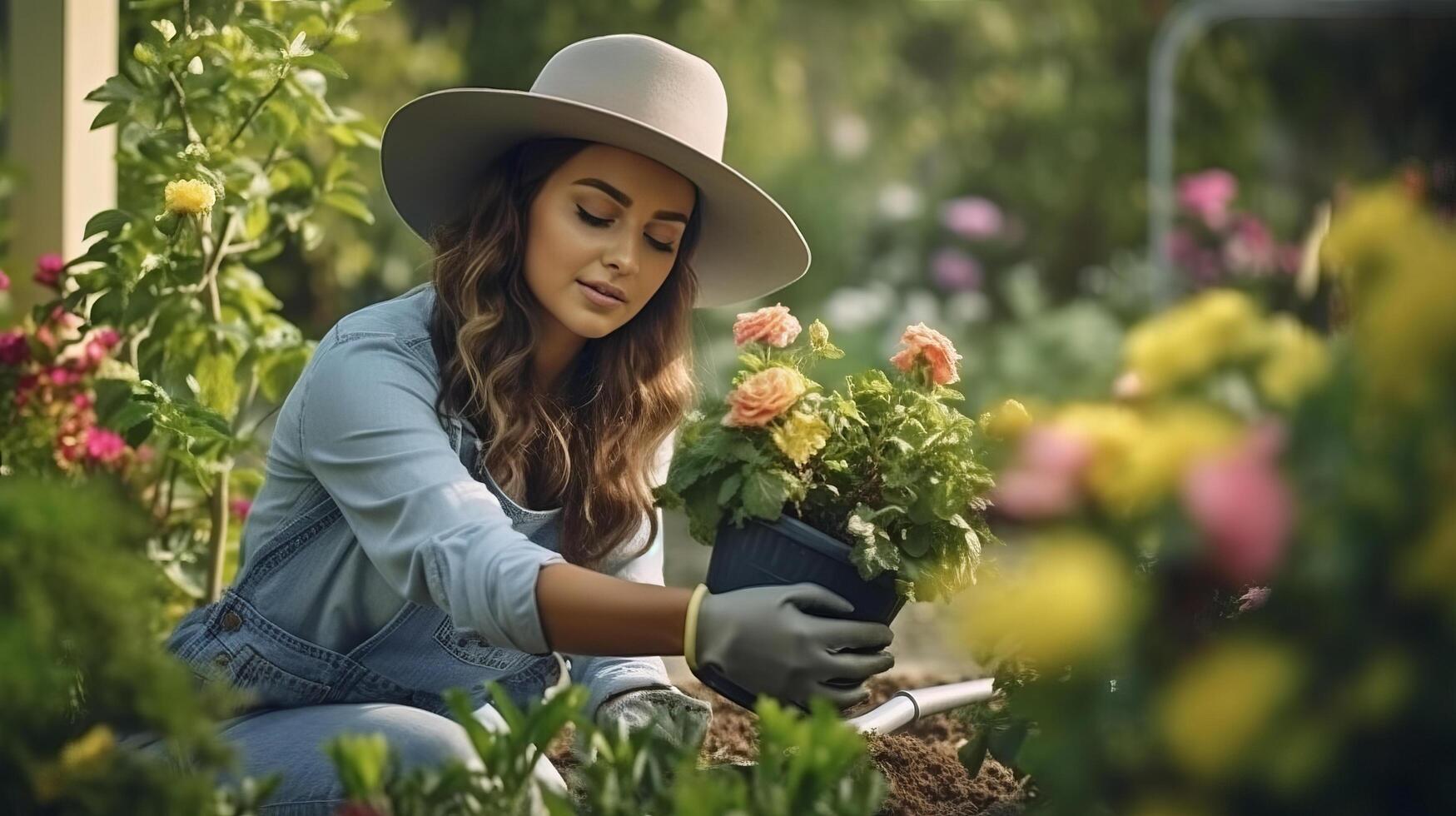 kvinna plantering blommor i trädgård. illustration ai generativ foto