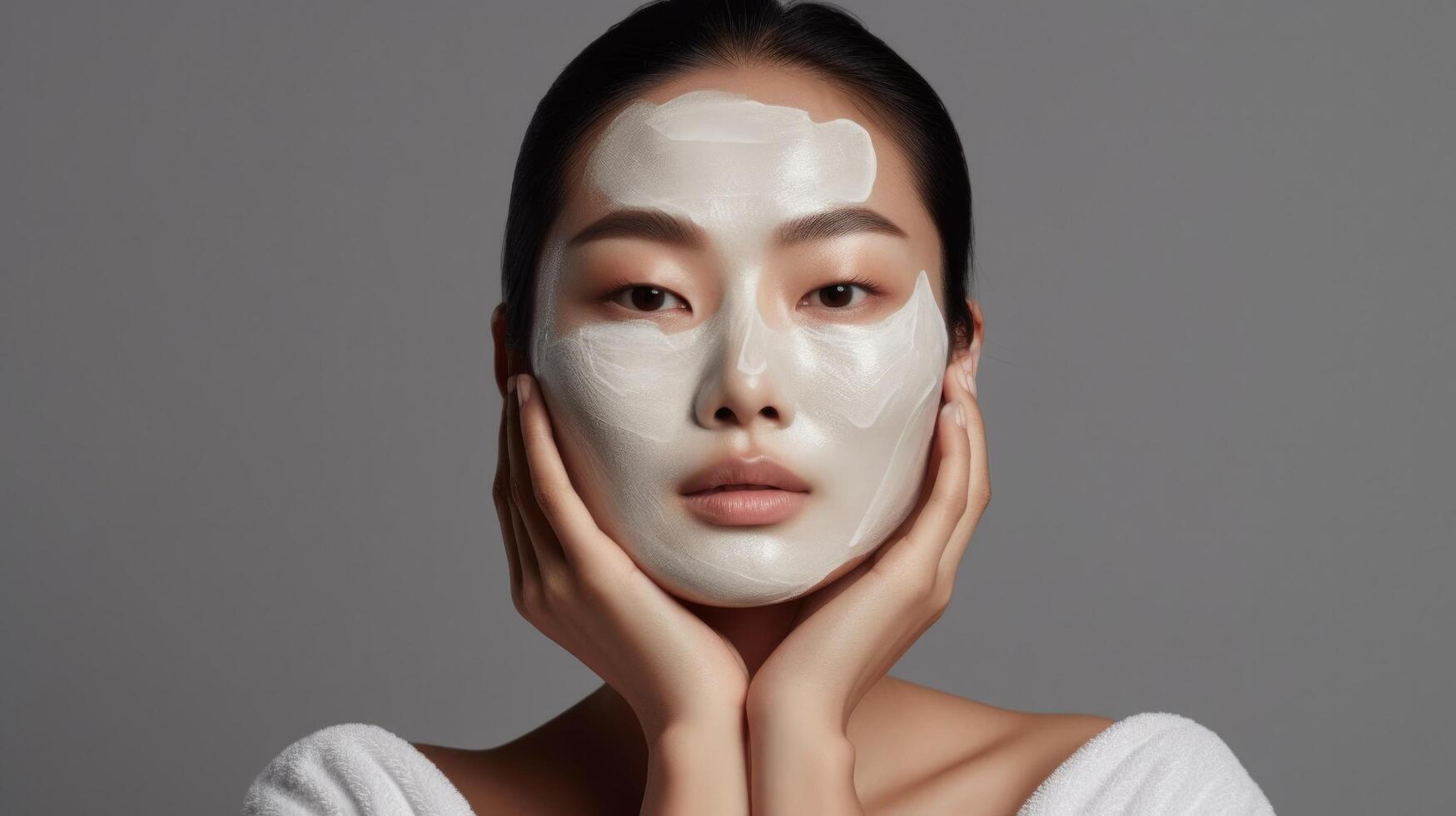 skön ung kvinna, applicering ansiktsbehandling fuktgivande mask på ansikte, illustration ai generativ foto