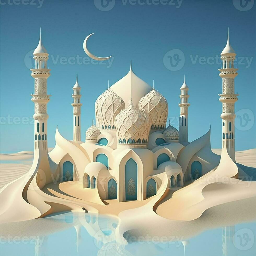 de skön vit muslim moské på de sandstrand. generera ai foto