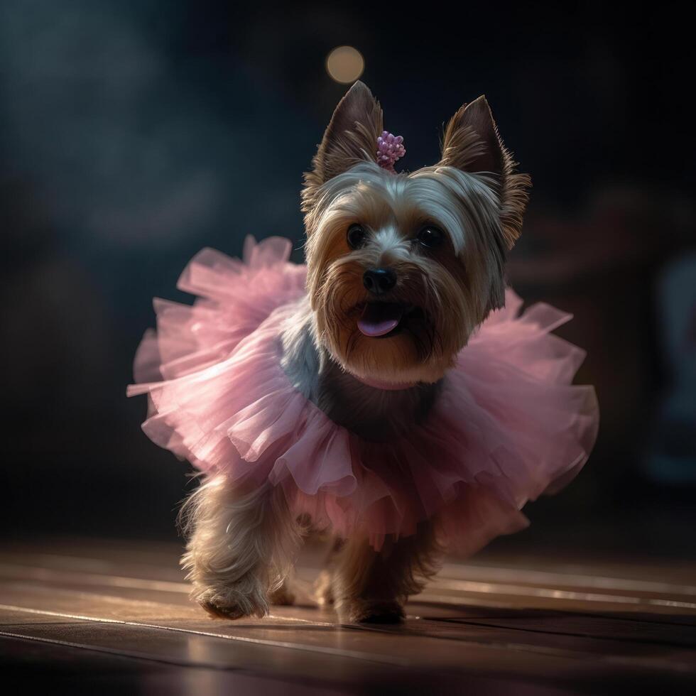 yorkshire terrier hund i en ljus rosa balett kjol är dans tycka om en ballerina,, illustration ai generativ foto