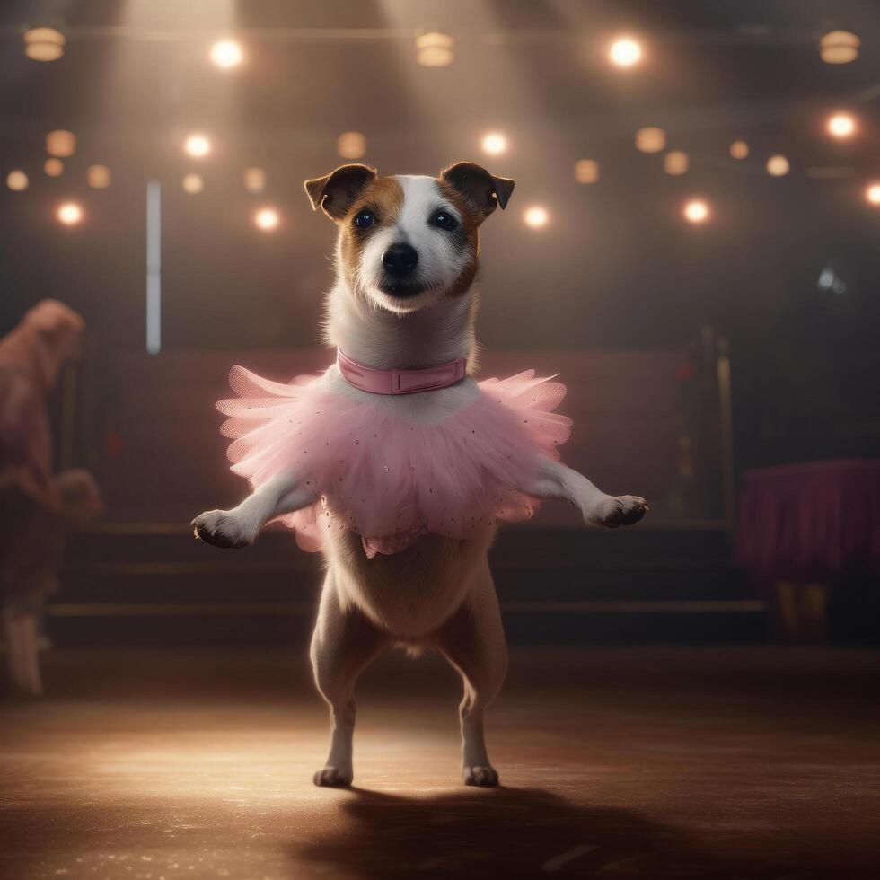 domkraft russell hund i en ljus rosa balett kjol är dans tycka om en ballerina, illustration ai generativ foto