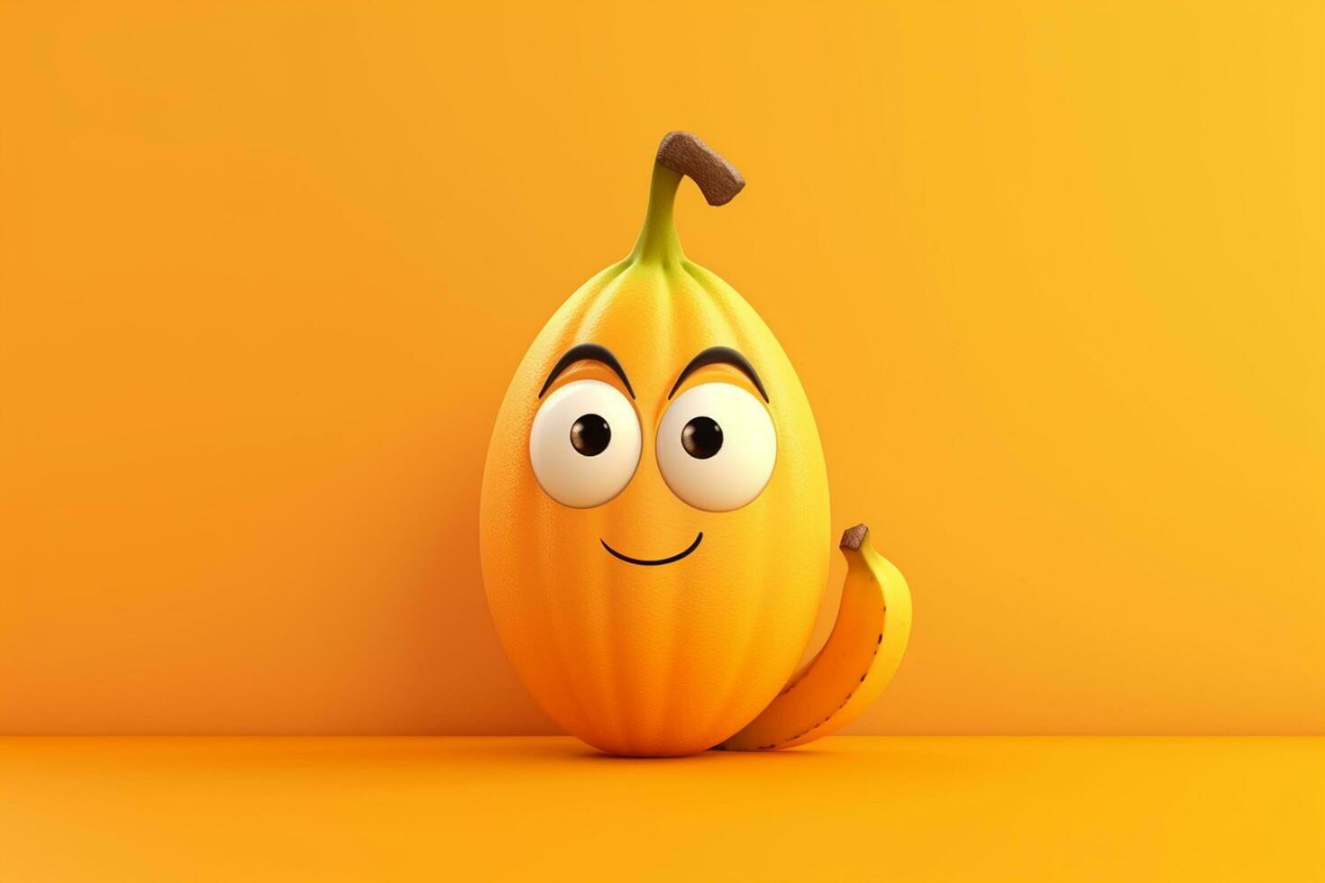 rolig pumpa med banan karaktär tecknad serie på orange bakgrund. 3d illustration. foto