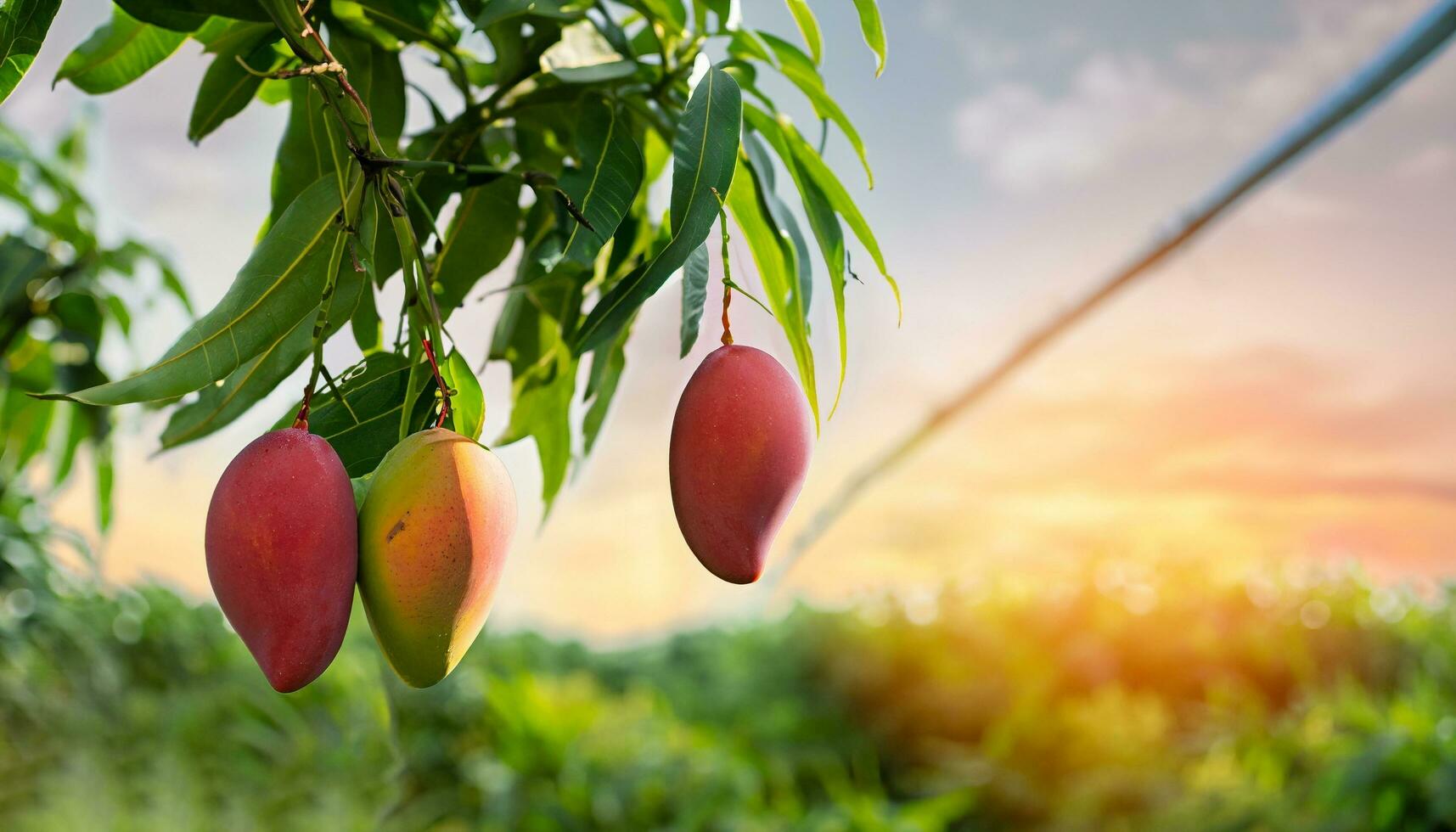 mango frukt hängande på en träd med en rustik trä- tabell foto