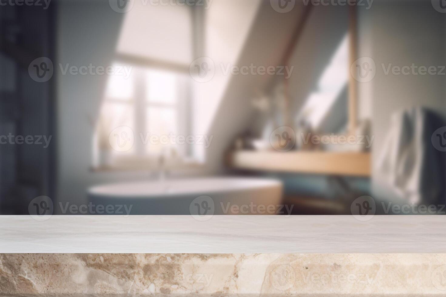 tömma beige marmor tabell topp och suddig badrum interiör på de bakgrund. kopia Plats för din objekt, produkt, kosmetisk presentation. generativ ai. foto