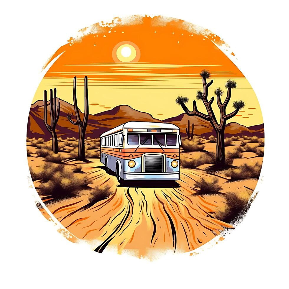 ett illustration av en buss körning genom en öken- med de Sol i de bakgrund generativ ai foto