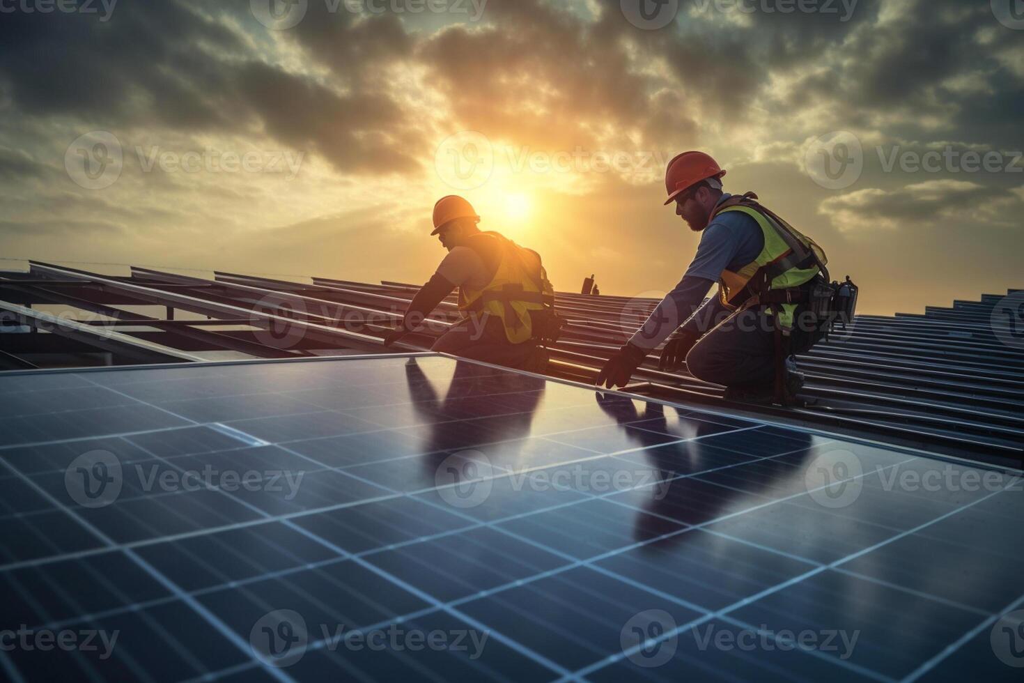 två arbetare är arbetssätt på sol- paneler medan de Sol stiger med generativ ai foto
