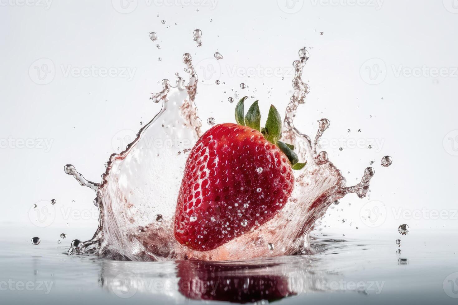 jordgubbar faller in i vatten med stänk på en vit bakgrund skapas med generativ ai teknologi. foto