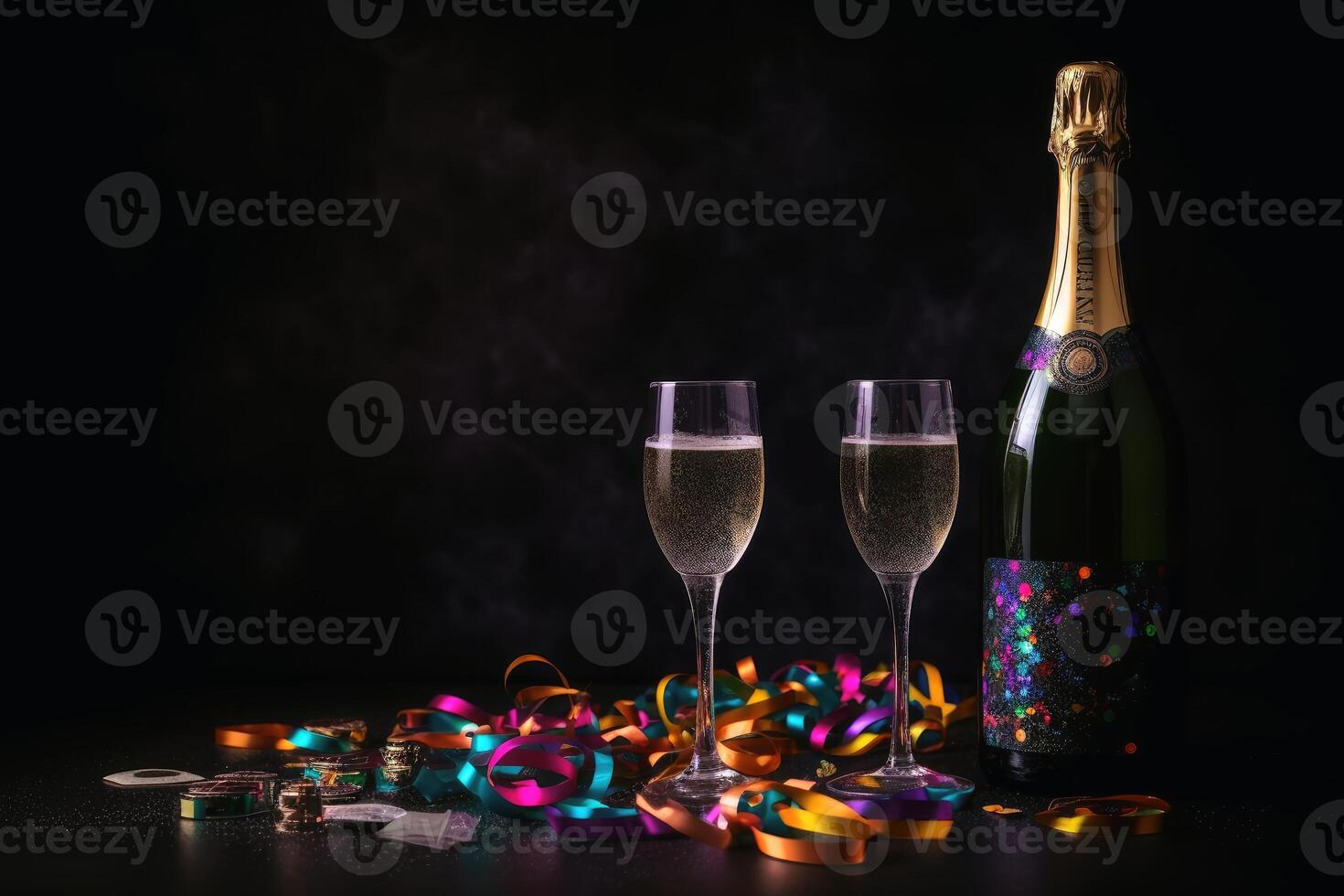 champagne glasögon och färgrik streamers och glitter konfetti på en Lycklig ny år bakgrund skapas med generativ ai teknologi. foto