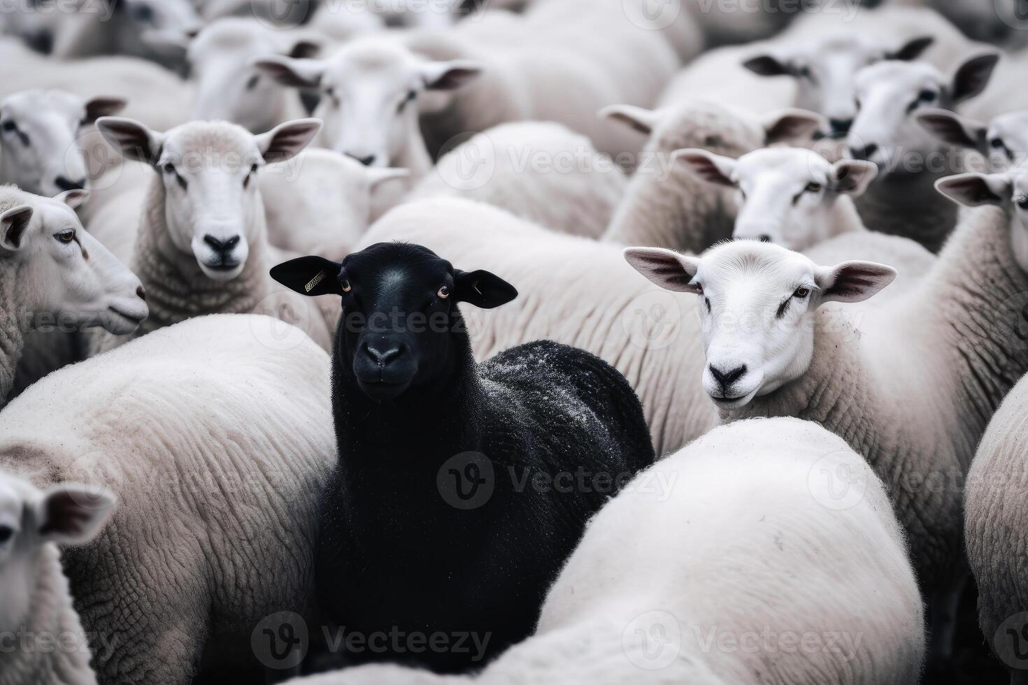 ett svart får i en besättning av vit får. foto