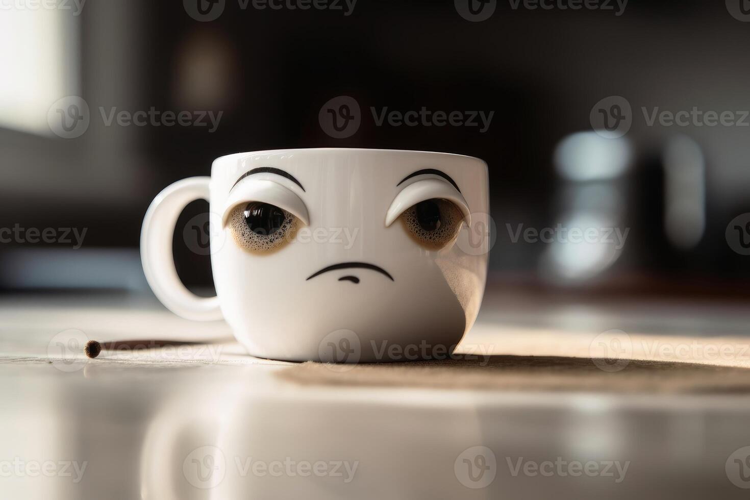 en trött kaffe kopp med ögon på en kök tabell skapas med generativ ai teknologi. foto