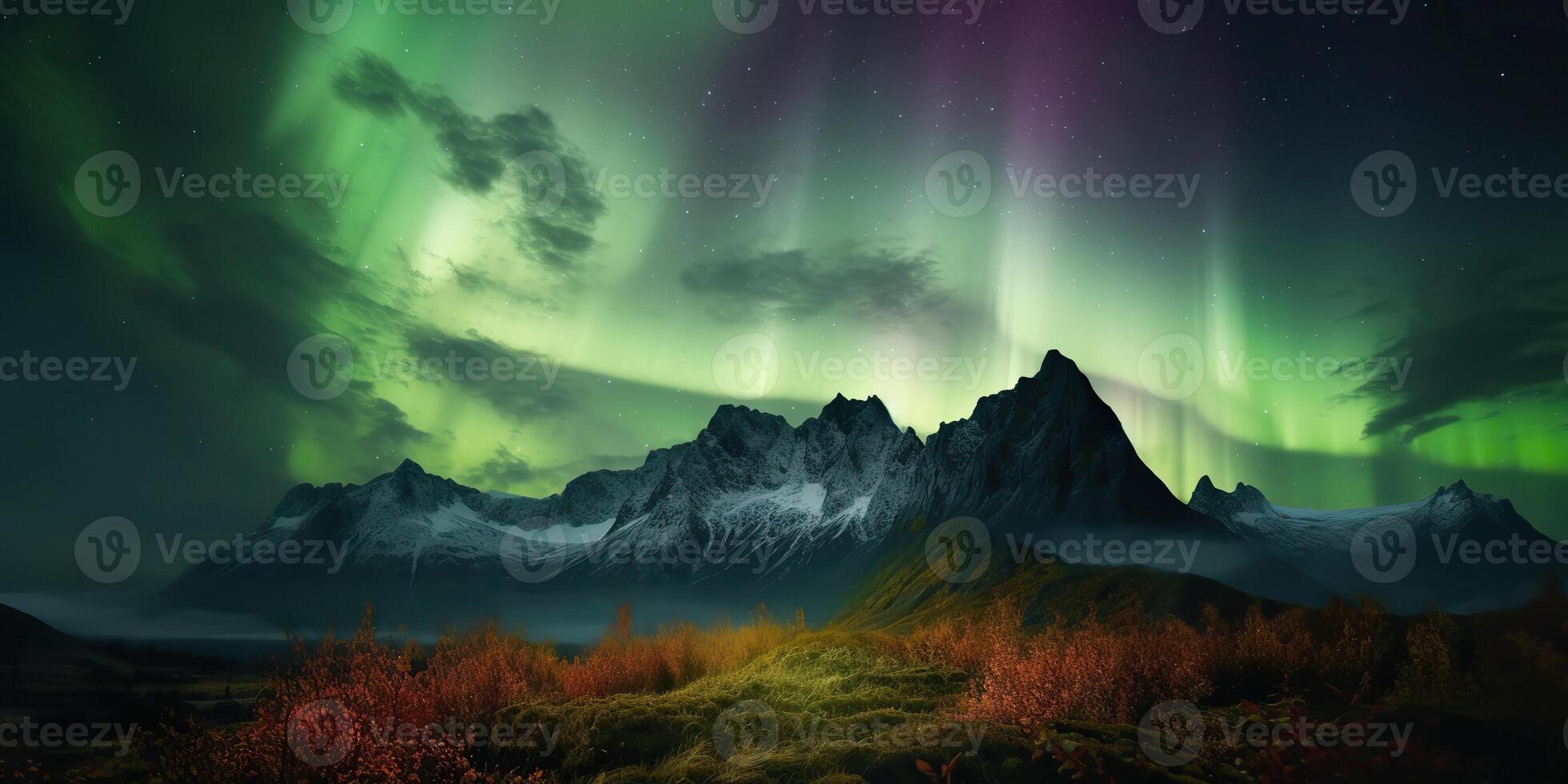 ai genererad. Foto realistisk illustration av aurora nordlig ljus. äventyr expidition vibe. ai generativ. grafisk konst