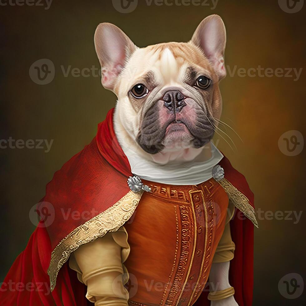 ai genererad. ai generativ. Foto realistisk illustration av söt franska bulldogg frenchie hund i historia renässans trasa kostym. grafisk konst