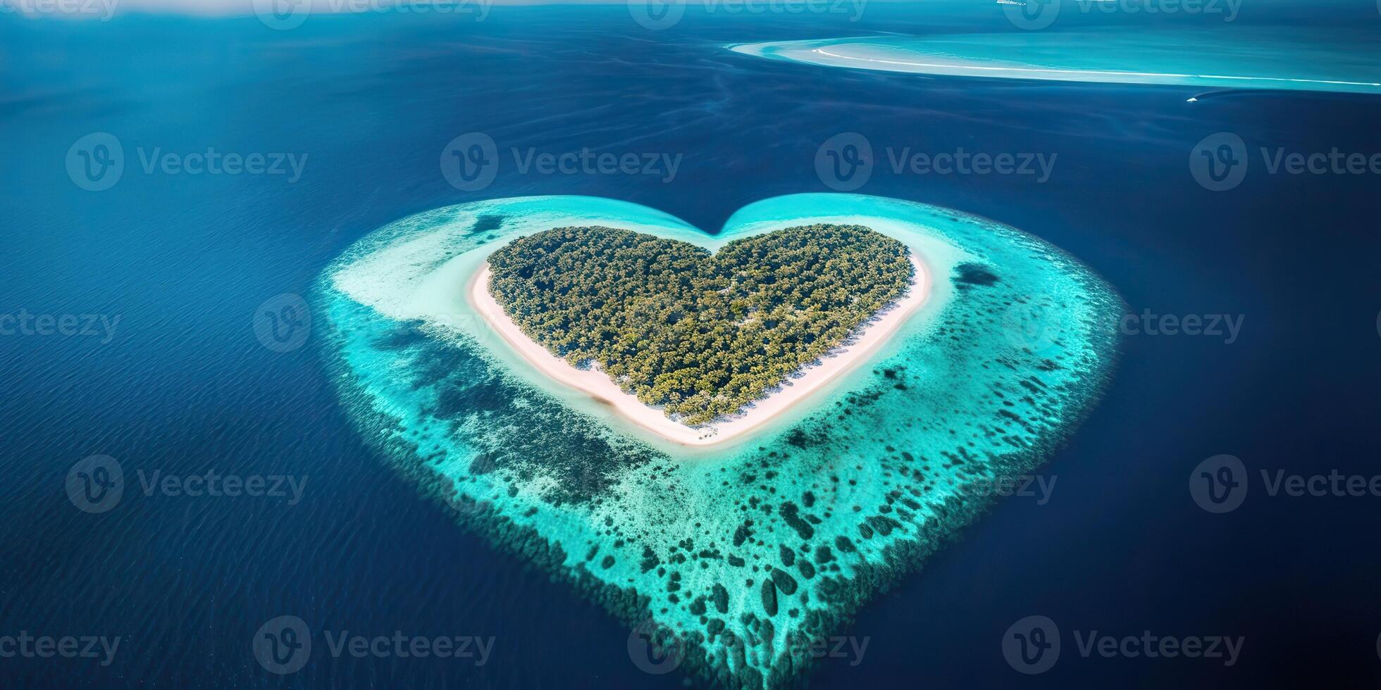 ai genererad. ai generativ. antenn Drönare Foto realistisk illustration av ö maldiverna i hjärta form. paradis äventyr semester tropisk vibe. grafisk konst