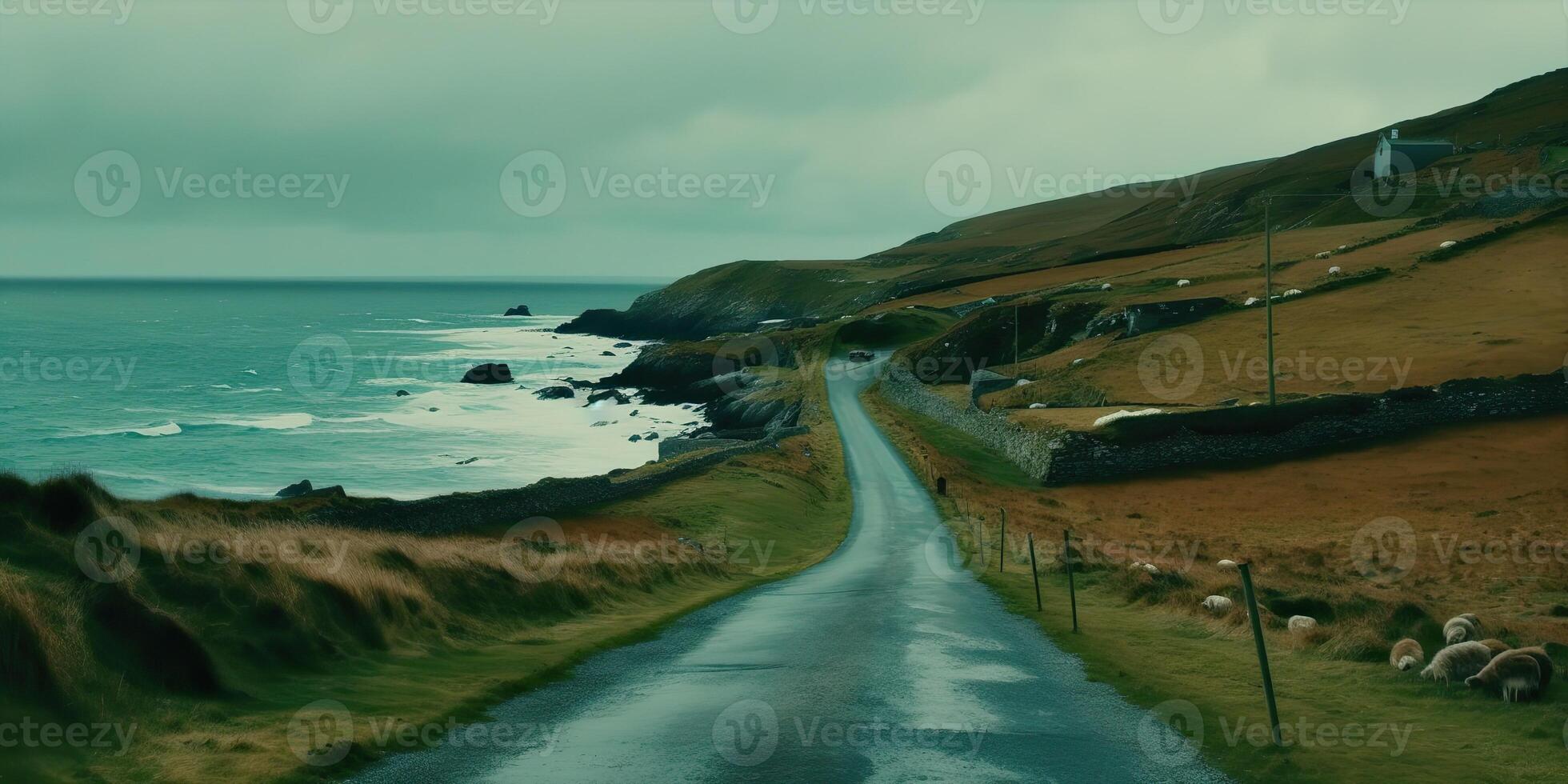 ai genererad. ai generativ. Foto realistis fotografi illustration av kustlinje irländsk väg resa. berg utforska äventyr resa vibe. grafisk konst