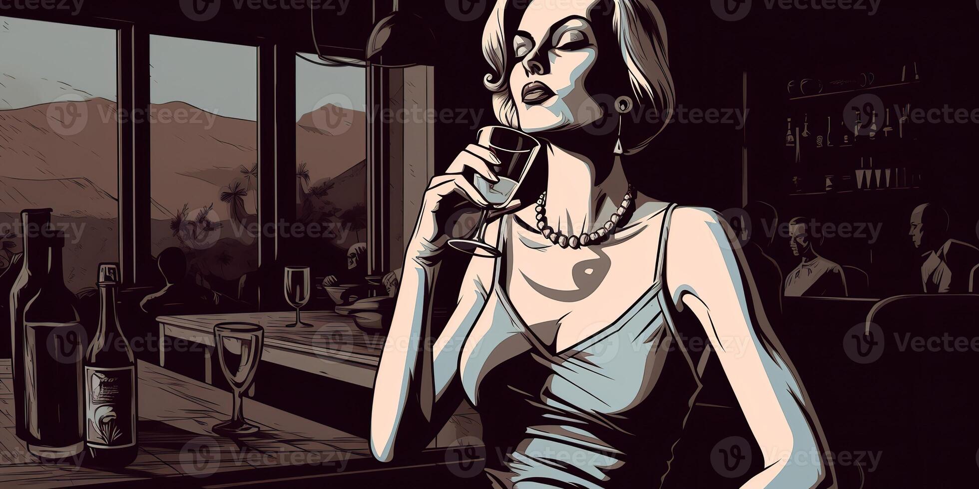 ai genererad. ai generativ. retro årgång Söt kvinna med röd vin glas på natt fest pub. romantisk noir filma vibe. grafisk konst illustration. foto