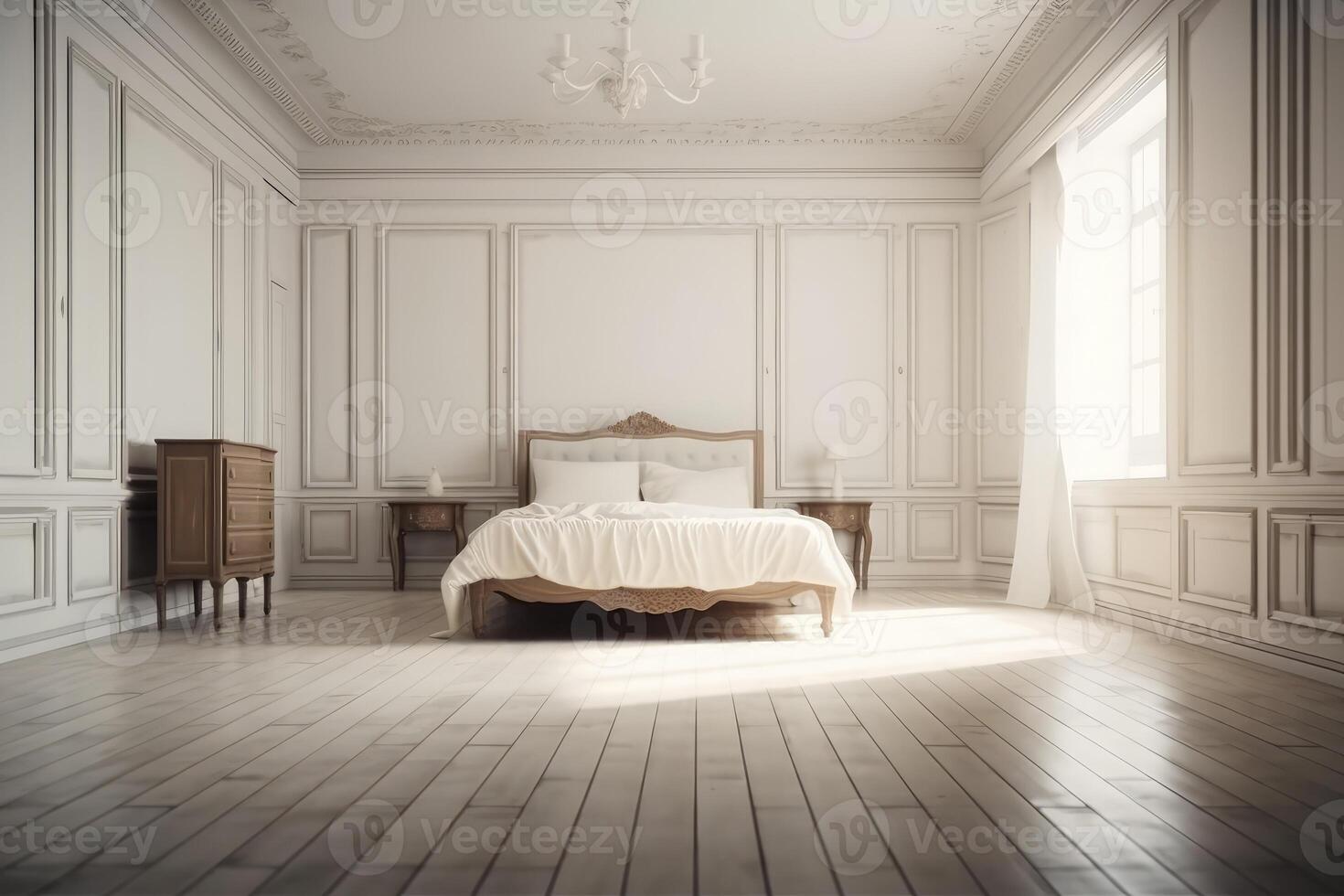 retro stil i skön säng rum interiör med vit tömma vägg . ai genererad foto