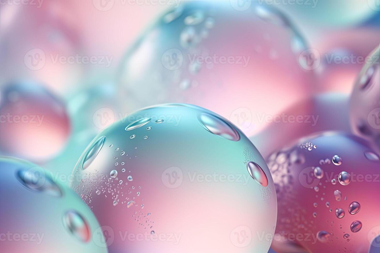 pastell bakgrund med regnbågsskimrande magisk luft bubblor. tapet med glas bollar eller vatten droppar. generativ ai foto
