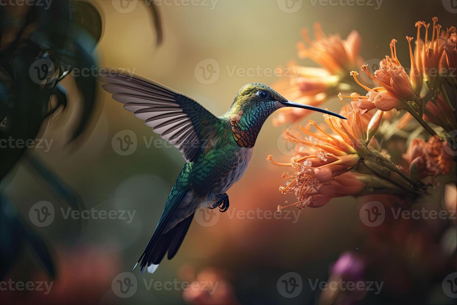 färgad tropisk fågel och overkligt blommor. de kolibri flugor nära till blomma. generativ ai foto