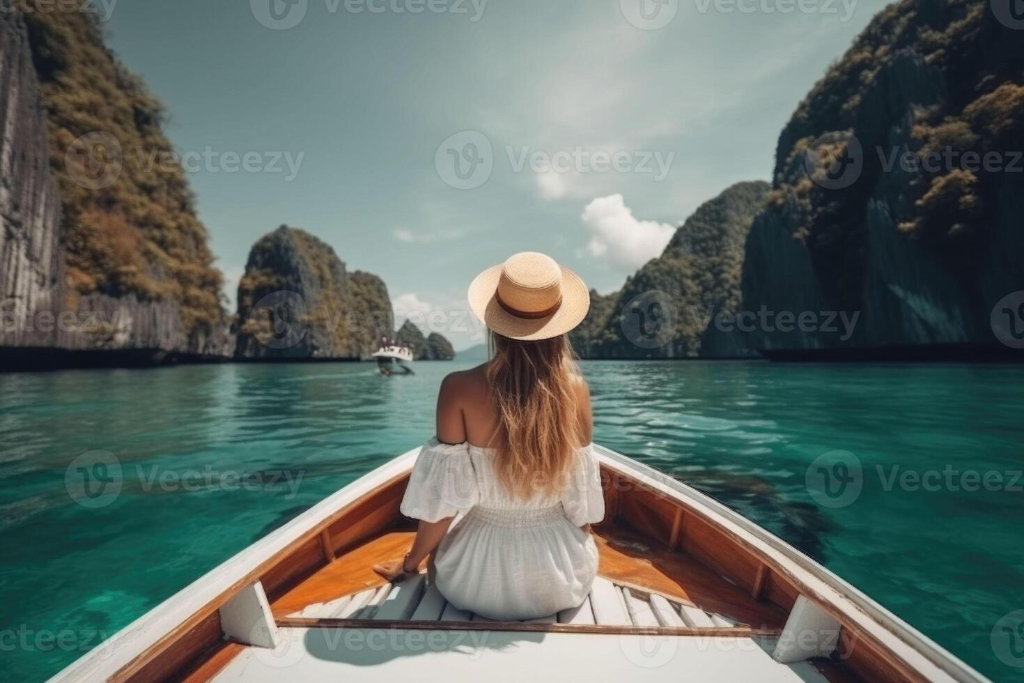 turist kvinna i klänning avkopplande på båt på de skön öar, tillbaka se. generativ ai foto