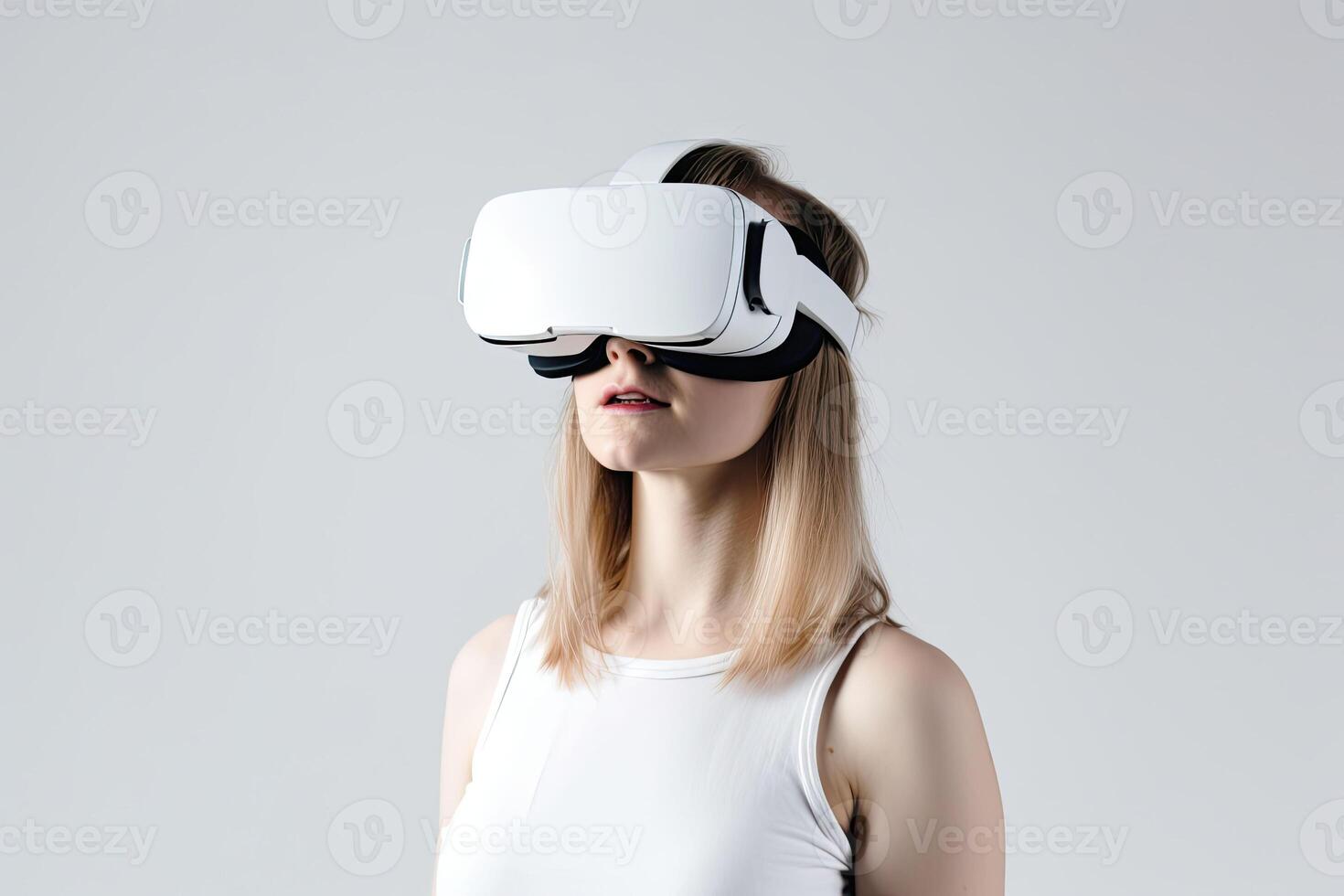 kvinna använder sig av virtuell verklighet headset. vr prylar, , utbildning uppkopplad eller spel begrepp. generativ ai foto