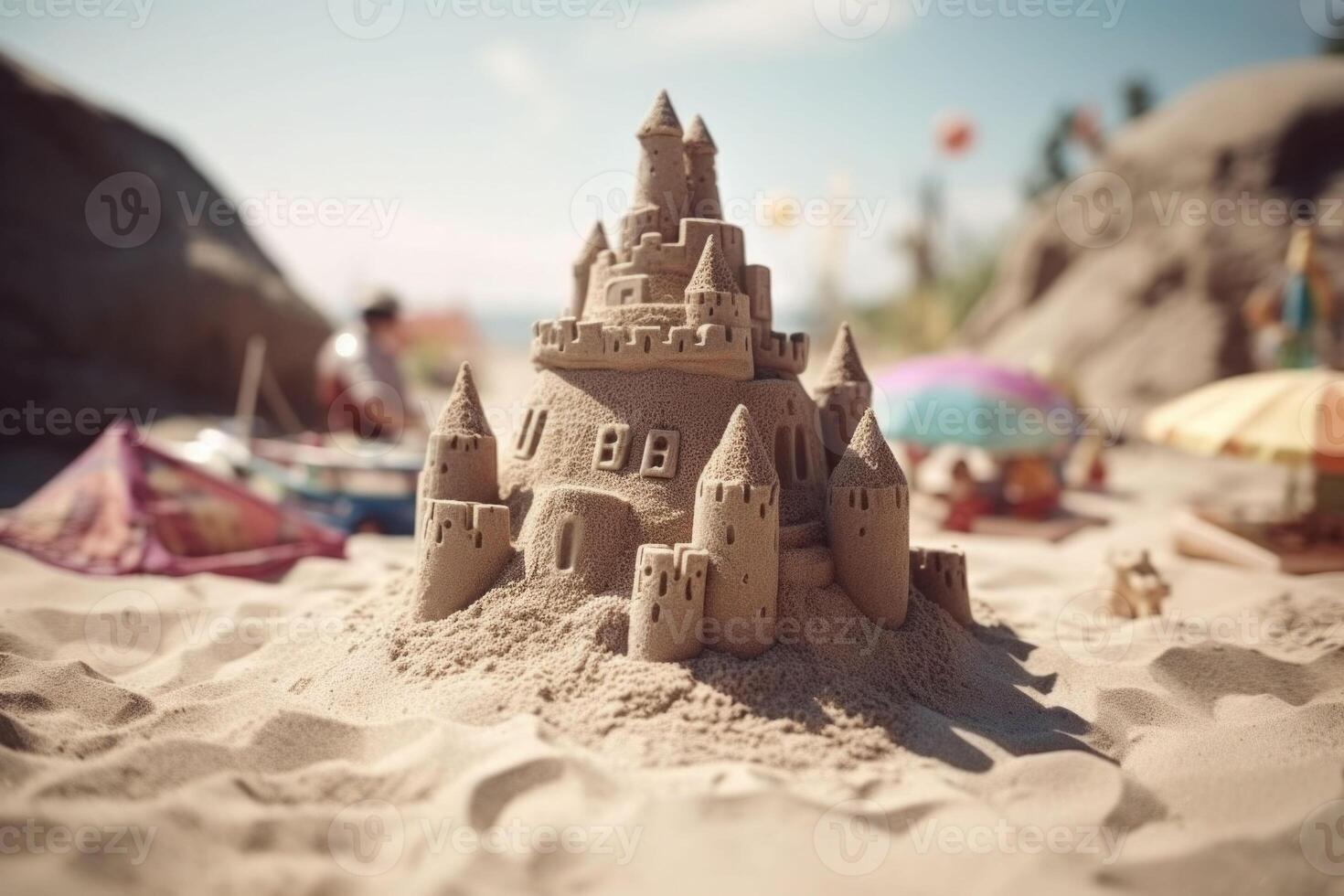 sand slott med torn på de Strand av de sandig strand blå hav. generativ ai foto
