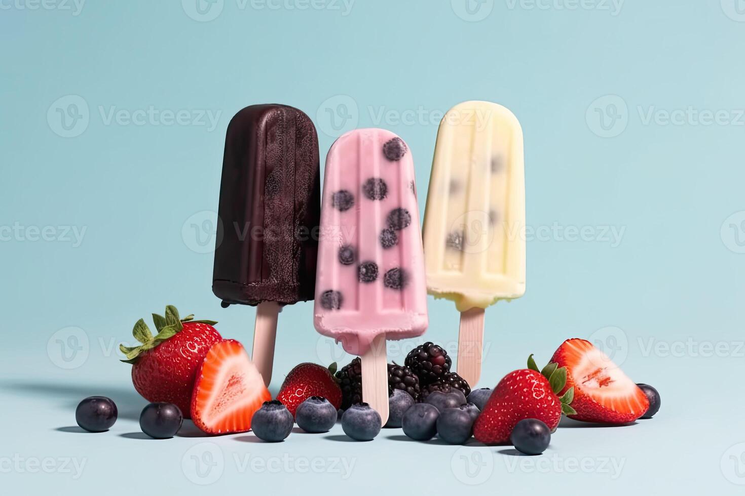 is grädde popsicles med frukt och bär på pastell bakgrund. generativ ai foto