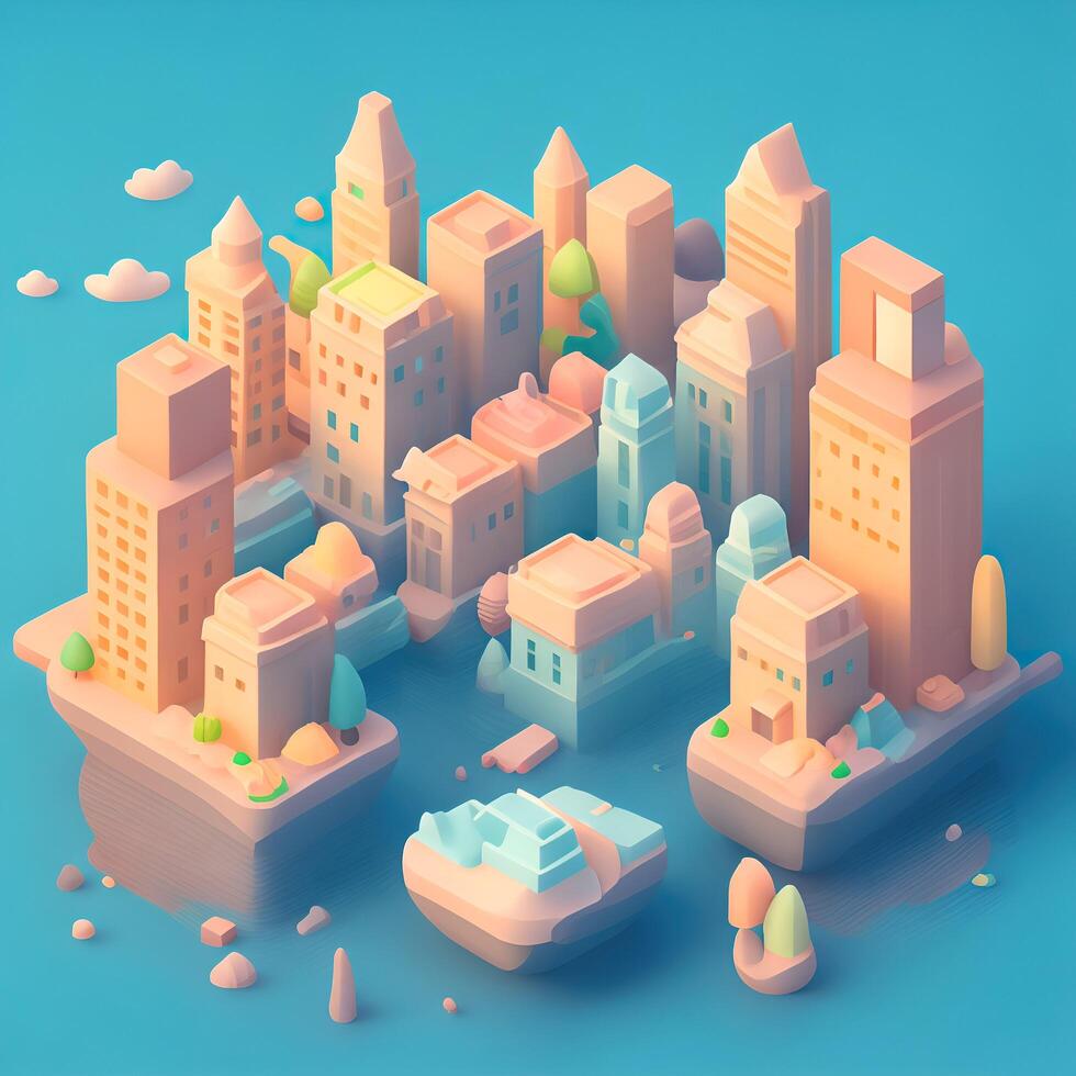 en 3d isometrisk tecknad serie stil av en stad med en rosa och blå bakgrund. ai genererad foto